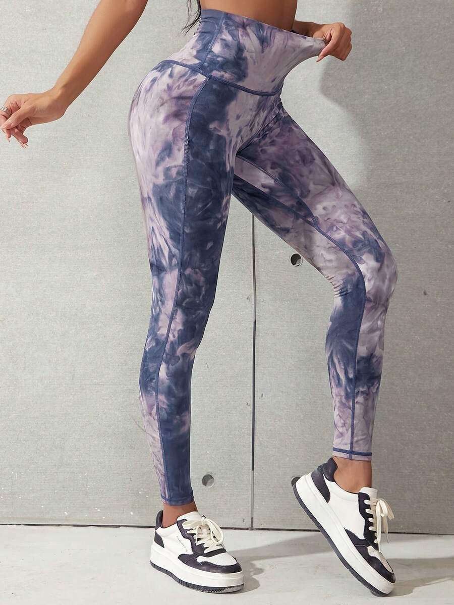 運動紮染跑步瑜伽彈力緊身打底褲 - 彩色 - 查看 1