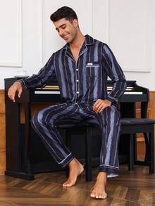 Nam Sọc & Chi tiết Patched thư Bộ PJ Áo & Quần - màu đen - Xem 5