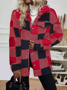SHEIN LUNE Buffalo Plaid Pattern Drop Shoulder Flap Detail Teddy Coat - Multicolor - View 4