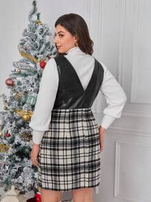 SHEIN Privé 女式大碼優雅撞色格子新年百搭吊帶保暖連身裙 - 黑與白 - 查看 3