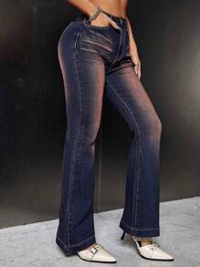 SHEIN ICON 高腰牛仔喇叭褲 - 咖啡棕 - 查看 1