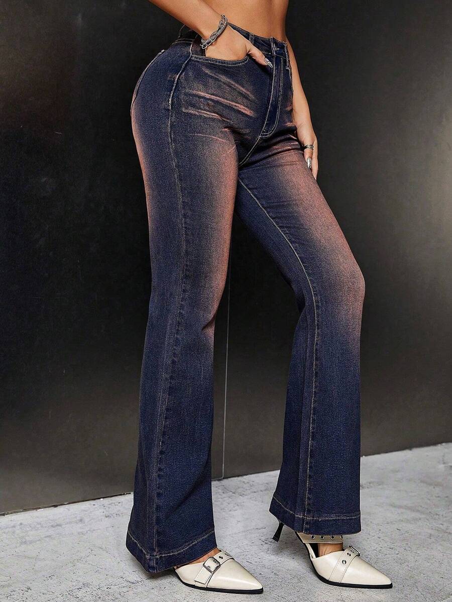 SHEIN ICON 高腰牛仔喇叭褲 - 咖啡棕 - 查看 1