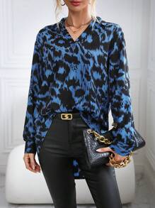 SHEIN LUNE Allover Print High Low Hem Blouse - Blue - View 1