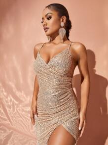 Faeriesty Vestido de fiesta con tirantes de lentejuelas de sirena con fruncido delantero y abertura lateral - Champán - Ver 6