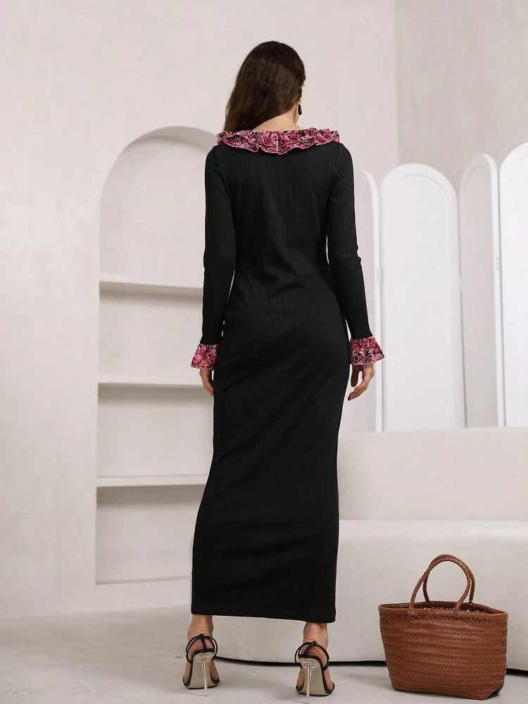 Floral Ruffle Trim Button Front Bodycon Dress Without Belt