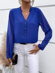 SHEIN LUNE Roll Tab Sleeve Half Button Blouse - Blue - View 5
