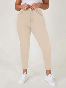 Pantalones ajustados de talla grande de color liso con cierre de cremallera - Caqui - Ver 1