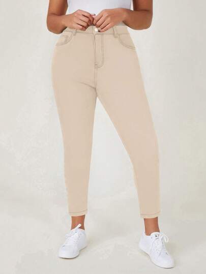 Plus Size Plain Color Zipper Fly Skinny Pants