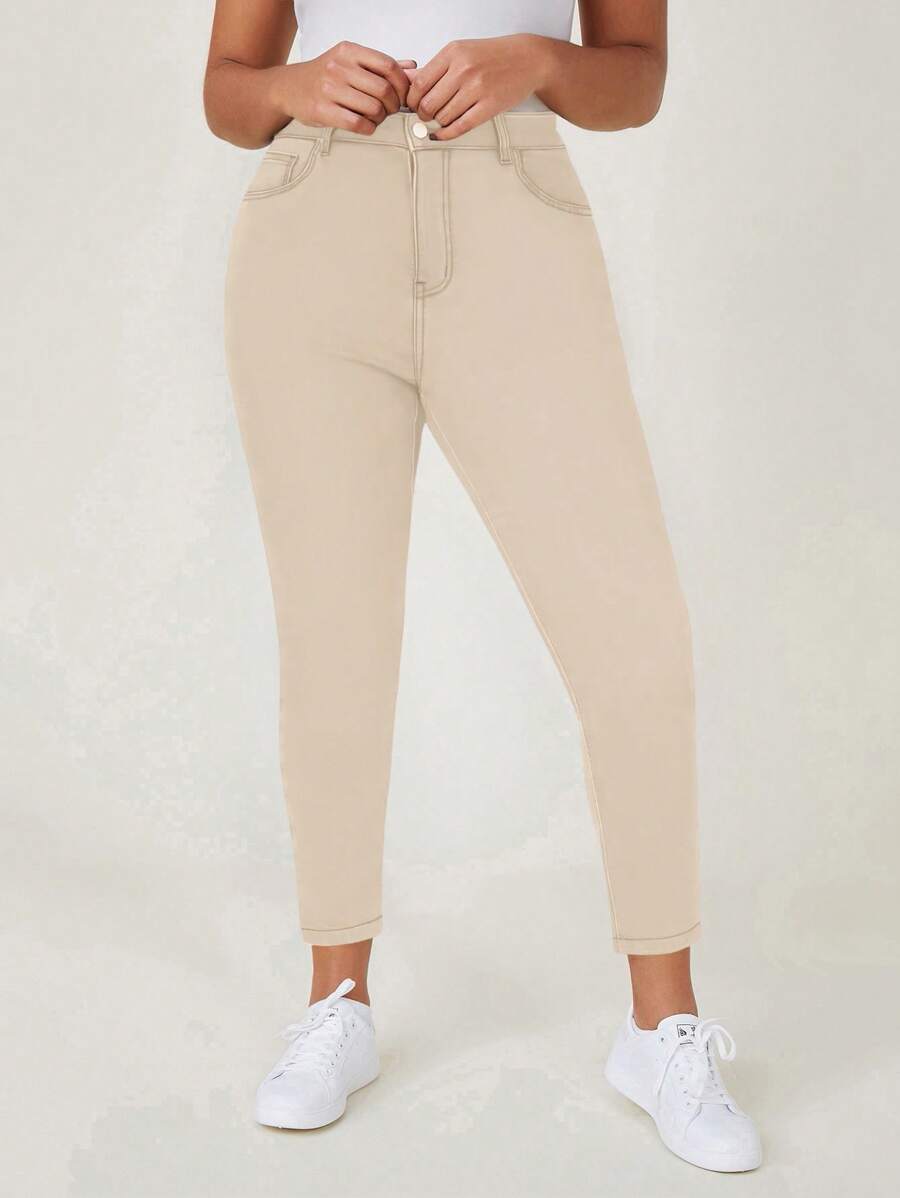 Pantalones ajustados de talla grande de color liso con cierre de cremallera - Caqui - Ver 1