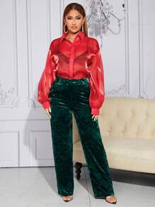 SHEIN SXY Chất rắn Nút phía trước Đàn organza Áo sơ mi Không có áo ngực - Đỏ - Xem 6