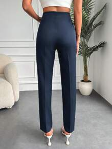 EURMUSE Seam Detail Slant Pocket Suit Pants - Navy Blue - View 2