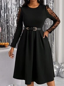 SHEIN Lady Contrast Mesh Hidden Pocket Dress Without Belt Dress For Churches - Black - View 5