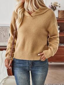 GENKIRA Sailor Collar Drop Shoulder Knit Pullover Fall Winter Sweater - Camel - View 1