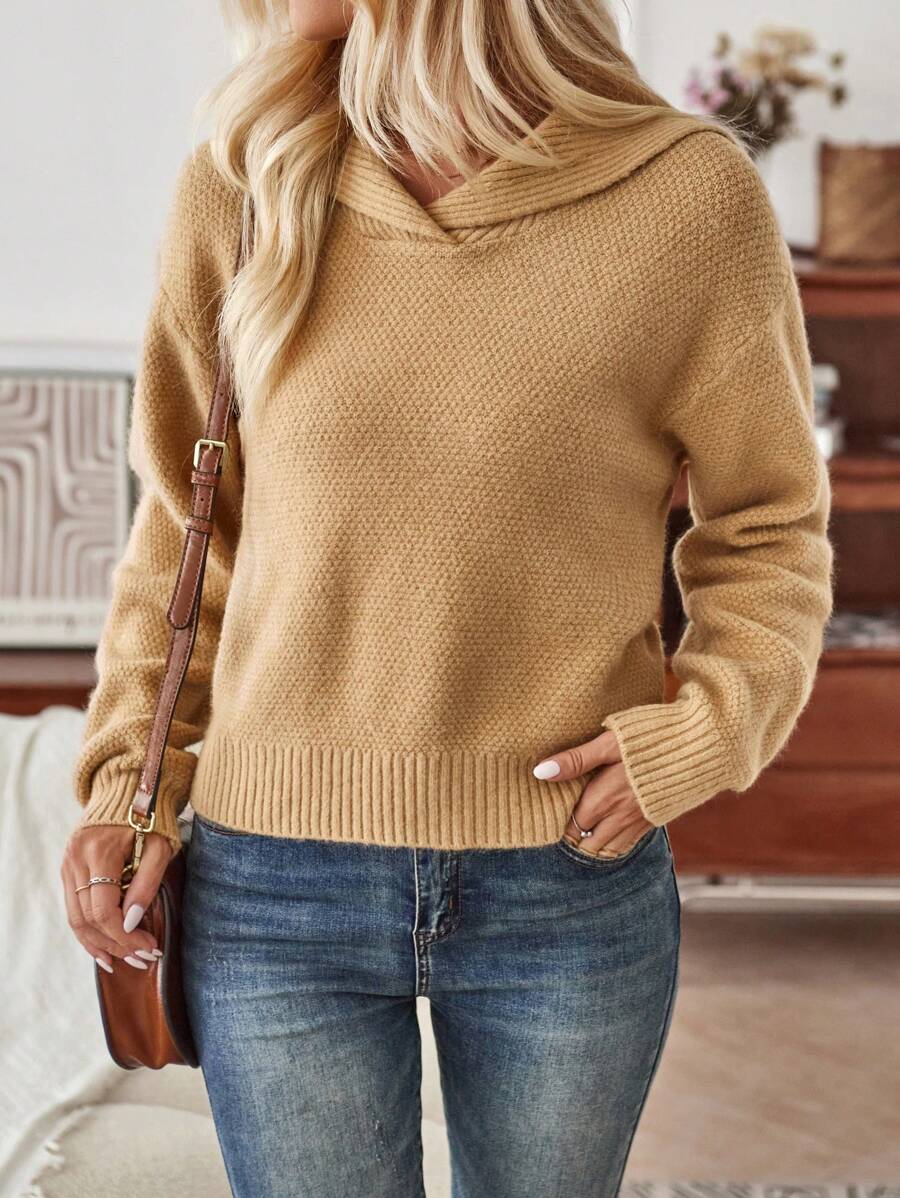 GENKIRA Sailor Collar Drop Shoulder Knit Pullover Fall Winter Sweater - Camel - View 1