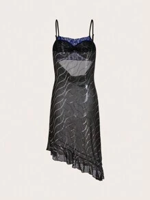 SHEINNeu Contrast Mesh Cut Out Ruffle Hem Cami Dress - Black - View 2