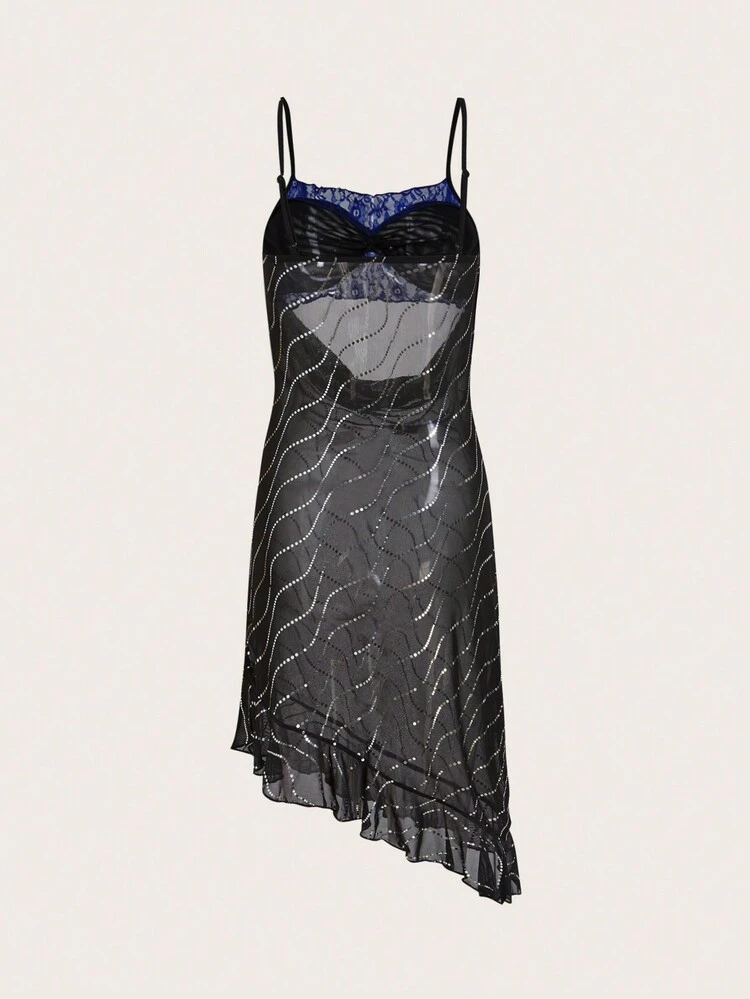 Contrast Mesh Cut Out Ruffle Hem Cami Dress