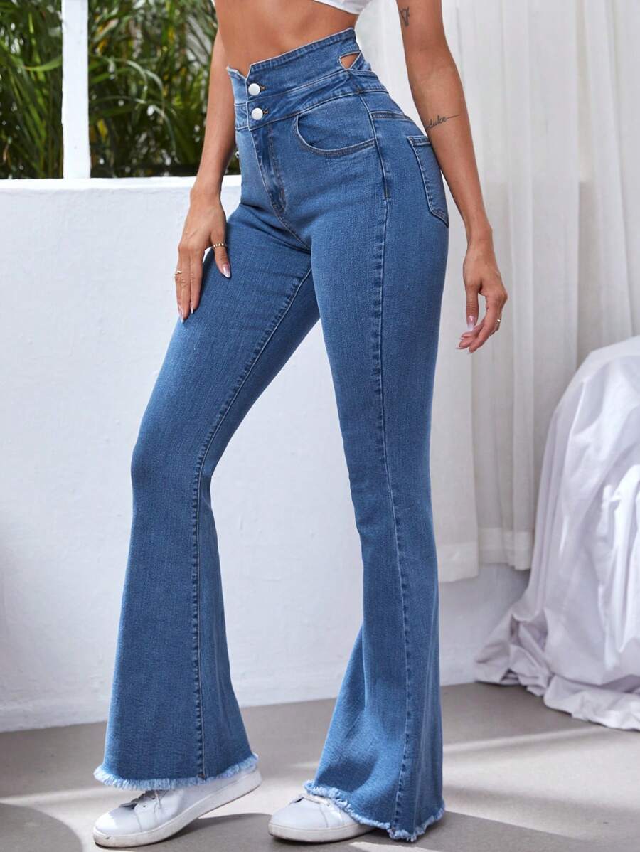 SHEIN Essnce High Waisted Crisscross Back Cut Out Raw Hem Flare Leg Jeans - Medium Wash - View 1