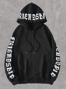 SHEIN Essnce Slogan Graphic Zip Up Drawstring Thermal Lined Hoodie - Black - View 1