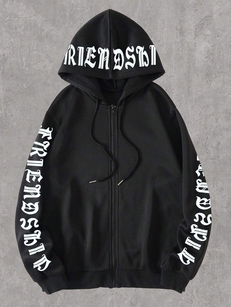 SHEIN Essnce Slogan Graphic Zip Up Drawstring Thermal Lined Hoodie - Black - View 1