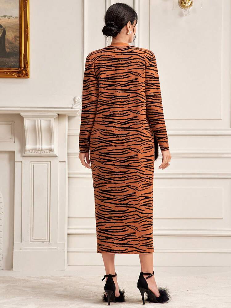 Tiger Skin Pattern Sweater Dress & Cardigan 2 Piece Set Fall Cloth For Women