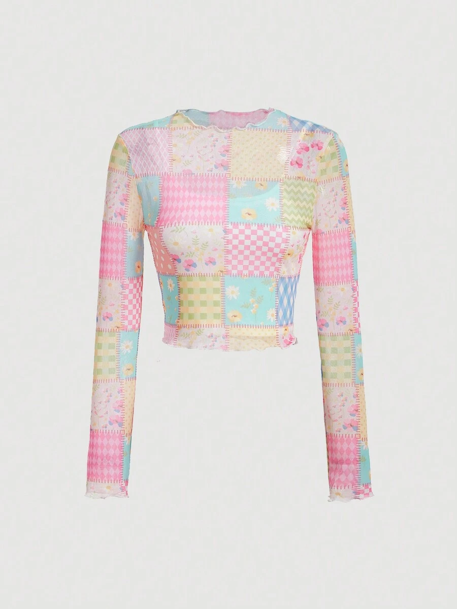 SHEIN MOD Patchwork Print Lettuce Trim Crop Tee - Multicolor - View 1