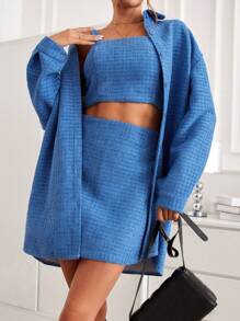 SHEIN Essnce Solid Cami Top & Skirt & Drop Shoulder Coat - Blue - View 5