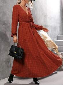 SHEIN Clasi Swiss Dot Surplice Neck Ruffle Hem Belted Dress - Redwood - View 5