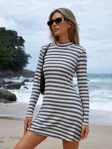 EURMUSE Mẫu sọc Cổ giả Đầm Áo len - Nhiều màu - Xem 4