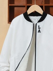 SHEIN Tween Boy Letter Embroidery Fuzzy Lined Bomber Jacket - White - View 5