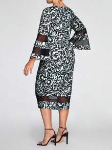 SHEIN Clasi Plus Allover Print Contrast Mesh Flounce Sleeve Fitted Dress - Multicolor - View 2