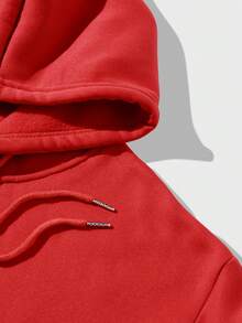 SHEIN EZwear 聖誕雪人印花袋鼠口袋抽繩加絨內裏連帽衫 - 紅色 - 查看 3