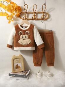 Baby Boy Cartoon Embroidery Two Tone Teddy Sweatshirt & Pants - Brown - View 1