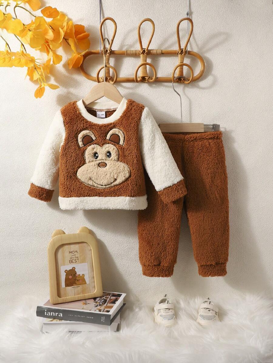 Baby Boy Cartoon Embroidery Two Tone Teddy Sweatshirt & Pants - Brown - View 1
