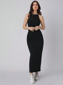 BizChic Women's Solid Color Halter Neck Black Long Dress, Urban Commute Business Casual Elegant Formal Dress, Suitable For Halloween, Christmas, Party And Gathering