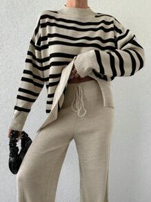 EURMUSE 2 piezas Conjunto de suéter de cuello alto a rayas de hombros caídos y pantalones de unicolor para mujeres - Caqui - Ver 3