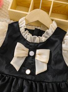 SHEIN 幼童女孩公主風格休閒&甜美&優雅荷葉袖禮服連蝴蝶結