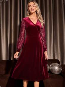 EMERY ROSE Váy thường ngày cổ chữ V chắp vá ren cho nữ có tay dài - Màu Đỏ Sâu - Xem 6