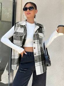 SHEIN Unity Plaid Print Flap Pocket Vest Overcoat - Black and White - View 3