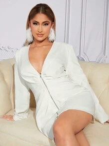 SHEIN SXY 素色拉鏈開襟V領外套 - 白色 - 查看 5