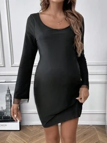 SHEIN Maternity Solid Scoop Neck Dress - Black - View 3