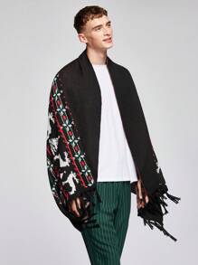Manfinity VCAY Men's Christmas Elk Pattern Fringe Hem Poncho Oversized Cardigan - Multicolor - View 4