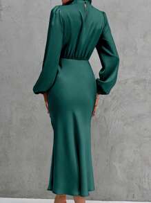 SHEIN Clasi Chất rắn Ống cổ Tay áo lồng đèn Nàng tiên cá Hem Đầm - màu xanh lá - Xem 2
