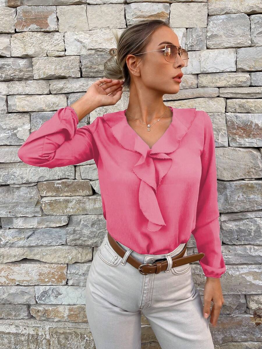 SHEIN Cottnline Solid Ruffle Trim V Neck Blouse - Hot Pink - View 1