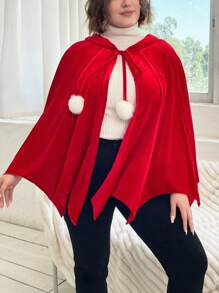 Flirla Plus Tie Front Hooded Cape Coat Fall Cloth For Women - Red - View 4