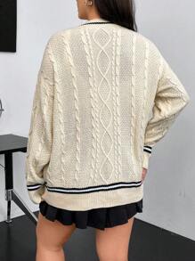 Flirla Plus Striped Trim Drop Shoulder Cable Knit Cardigan - Apricot - View 2