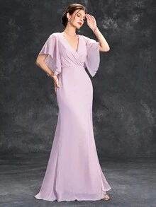 Surplice Neck Split Thigh Dress - Pink - View 6