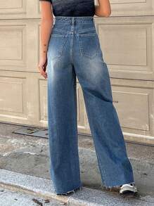 DAZY 女性高腰寬腿牛仔褲,帶原始邊邊和拼接口袋 - 中等水洗藍 - 查看 2