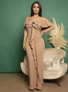 SHEIN SXY Off Shoulder Ruffle Trim Dress - Khaki - View 3