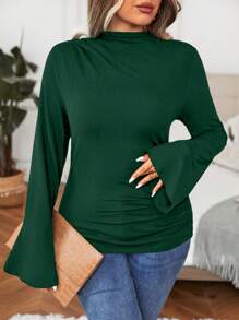 Celure Plus Mock Neck Trumpet Sleeve Tee - Dark Green - View 3
