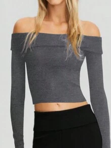 SHEIN EZwear Gấp lại Off Shoulder Áo phông Crop - Xám - Xem 1